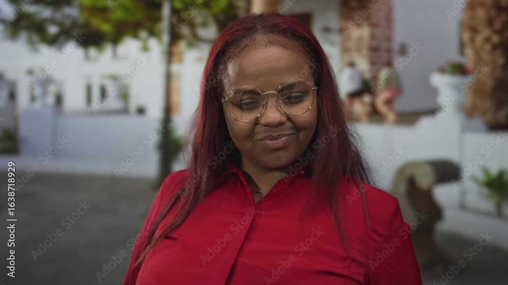 African american woman wearing red shirt and round glasses pointing finger at camera on sunny city street lined with palm trees; warning. African american woman wearing red shirt and round glasses pointing finger at camera on sunny city street lined with palm trees; warning.