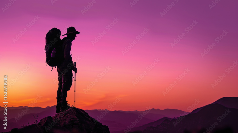 Fototapeta premium Silhouette of hiker standing on rock against vibrant sunset sky, showcasing shades of purple and orange. scene evokes sense of adventure and tranquility in nature
