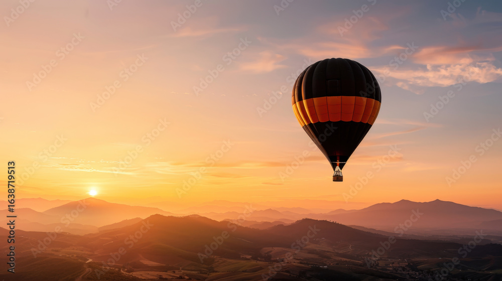 Naklejka premium Hot air balloon floats gracefully sky during sunset, surrounded by rolling hills and mountains. vibrant colors of balloon contrast beautifully with warm hues of evening sky, creating serene