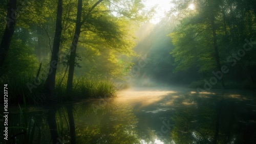 Ethereal Forest River Shrouded in Golden Morning Mist and Sunbeams