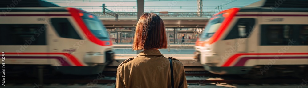 Obraz premium Contemplative woman observing trains at station, travel and commuting concept, back view