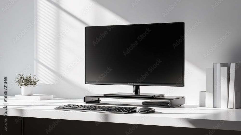 Fototapeta premium Modern Minimalist Workspace Featuring a Computer Setup with Natural Lighting and Clean White Desk