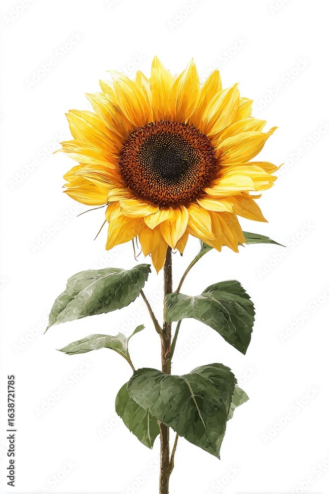 Naklejka premium Bright sunflower on a white background. Detailed, vibrant yellow petals surround a dark brown center. Green leaves and stem. Natural, isolated image