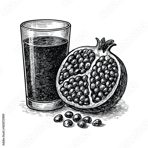 Hand drawn sketch of a refreshing glass of dark red pomegranate juice next to a halved pomegranate fruit with seeds