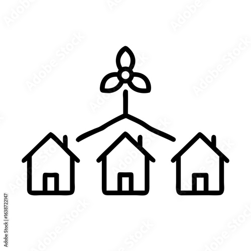 An illustrative image showcasing sustainable living and clean energy, with a stylized windmill powering a cluster of homes, symbolizing environmentally conscious living.
