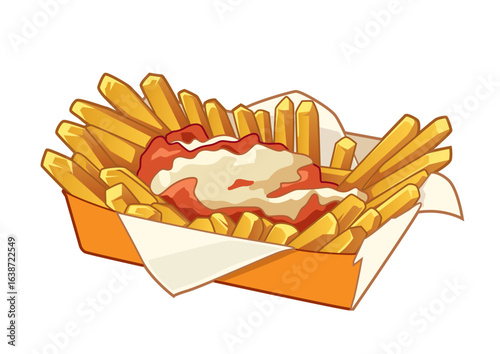 Delicious crispy fries topped with rich gravy served in a takeout box for a satisfying meal experience. Food concept