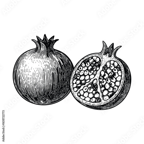 Vintage illustration of a whole and halved pomegranate with detailed seeds rendered in a classic black and white sketch style