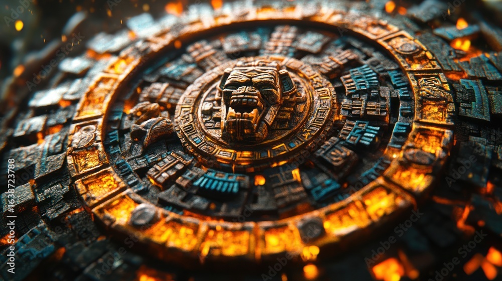 Fototapeta premium Intricate stone disc, Mayan-style glyphs, fiery edges. Ancient, mystical design