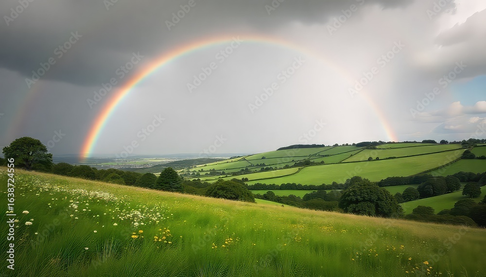 Naklejka premium A vibrant rainbow arches over a lush green landscape with rolling hills and a cloudy sky above the scene