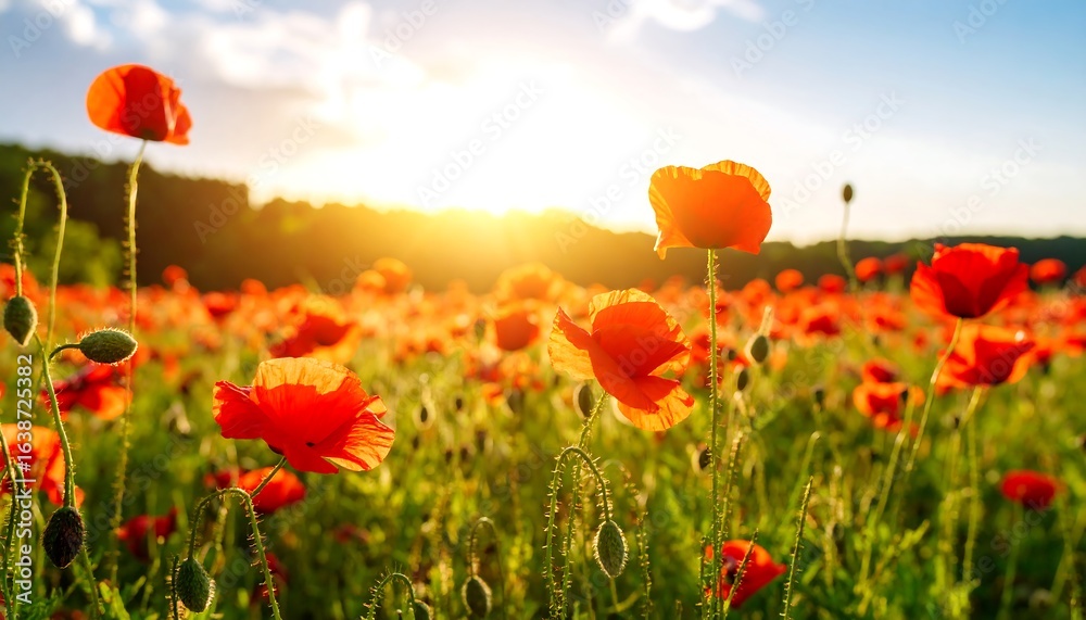 Fototapeta premium Vibrant poppy field at sunset.