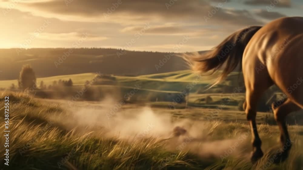 A powerful Ardennes horse galloping across a vast green meadow, its muscular body and thick mane flowing in the wind, illuminated by the golden light of the setting sun, warm glow casting long shadows