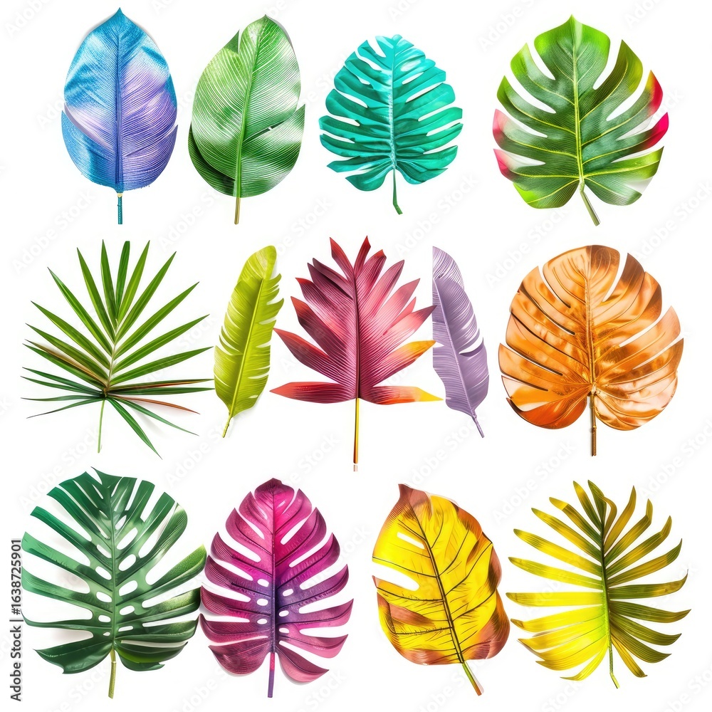 Obraz premium Vibrant tropical leaves in a variety of colors, set against a white background. Each leaf displays a unique shape and vibrant hue, including shades of green, purple, teal, orange, and pink. 