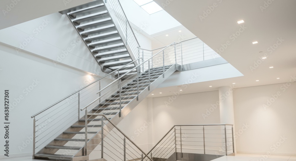 Fototapeta premium Modern Steel Staircase in Bright Architectural Building Interior