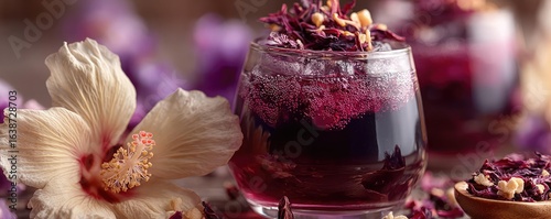 Hibiscus jelly with vitamin flower concept. Beautiful floral drink garnished with edible petals and herbs.