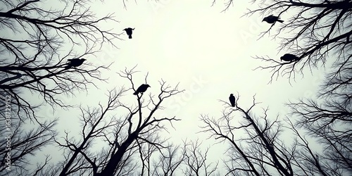 A spooky, black and white perspective drawing looking up at a sky filled with dark, gnarled tree branches. Several crows are perched on the branches, creating a chilling, ominous atmosphere.