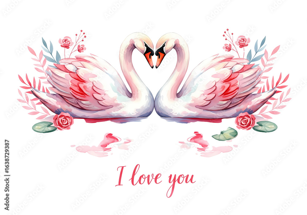 Fototapeta premium beautiful Swan watercolor. Love card for Valentine's Day