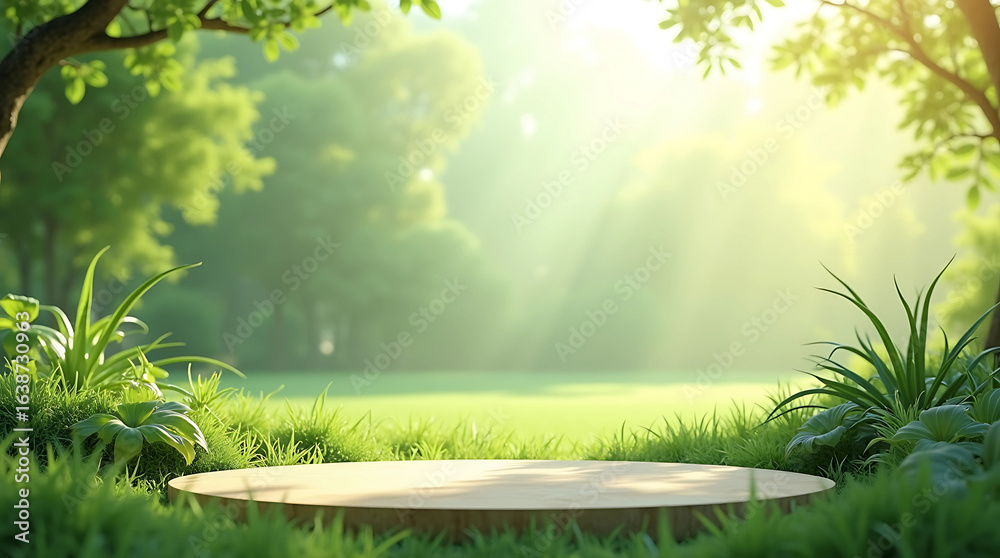 Naklejka premium Sunny Garden Scene with Empty Stone Pedestal