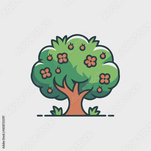 Stylized green tree with orange fruits and pink flowers on white background nature