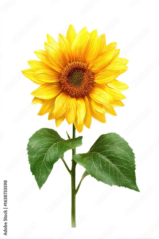 Obraz premium Vibrant sunflower with bright yellow petals and dark center, lush green leaves, isolated on white