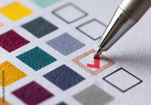 Close-up of a pen marking a check box on a colorful questionnaire