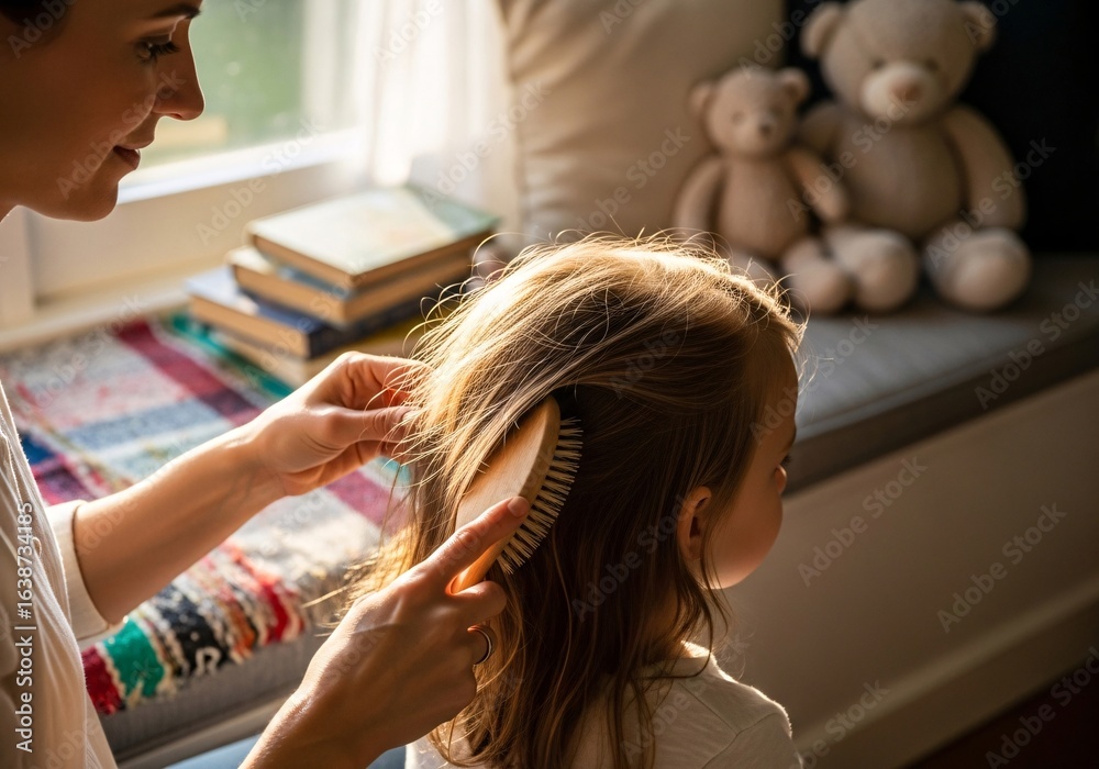 Fototapeta premium Parent brushing child’s hair gently in soft morning light by window bench