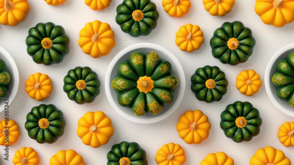 Fototapeta premium Discover seamless patterns featuring green and yellow pumpkins on a clean backdrop, enhancing vintage botanical designs.