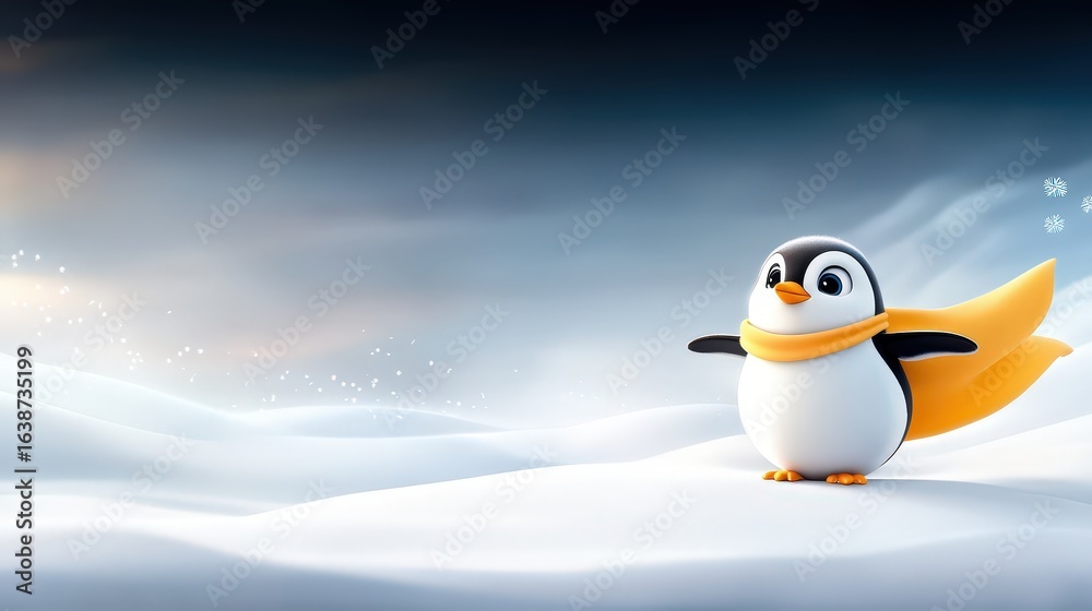 Obraz premium Heroic penguin in cape poses on icy terrain confident