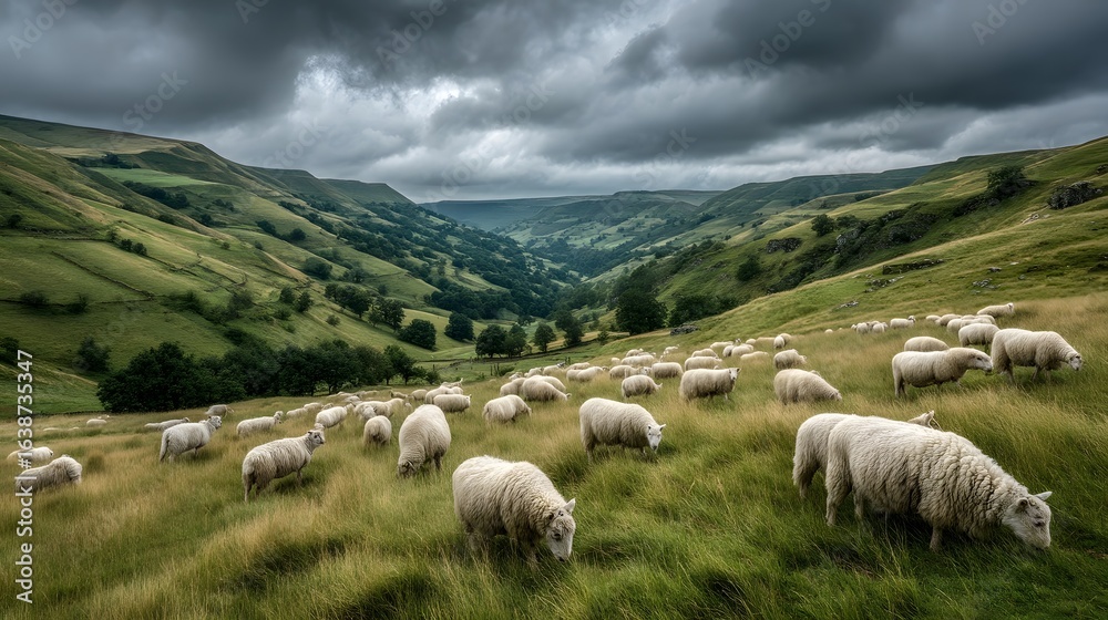 Fototapeta premium Flock of sheep grazing on rolling green hills under a cloudy sky