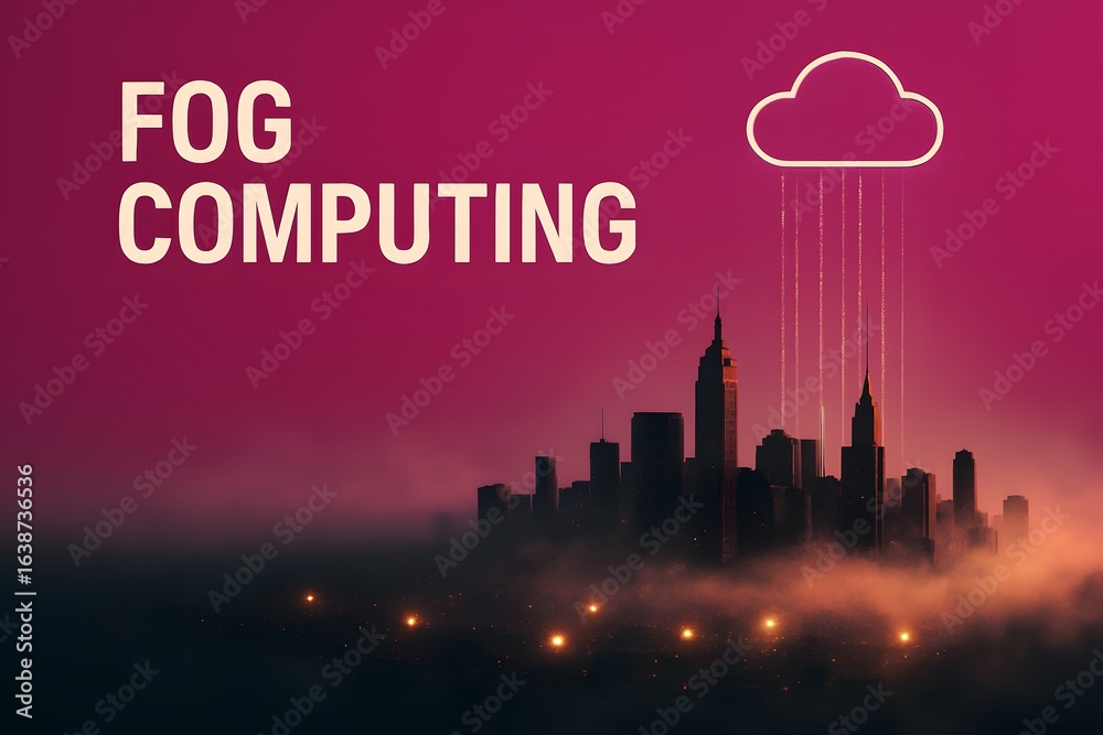 Obraz premium Digital Fog Cityscape for Edge Computing and Decentralized Network Architectures
