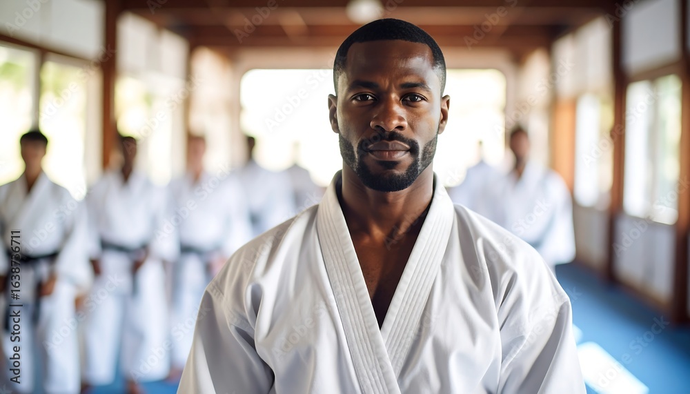 Karate master with dojo portrait. Karate master with dojo portrait.