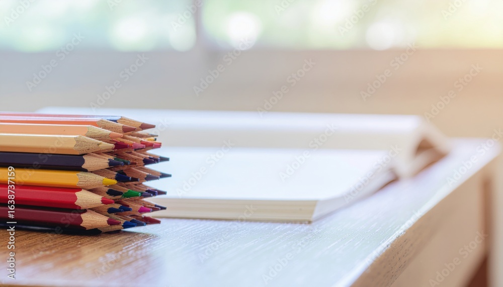 Obraz premium Colored Pencils Stacked Beside Open Book