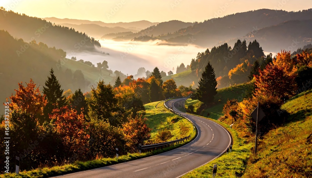 Fototapeta premium Driving Scenic Autumn Road Through Misty Mountain Valley at Sunrise