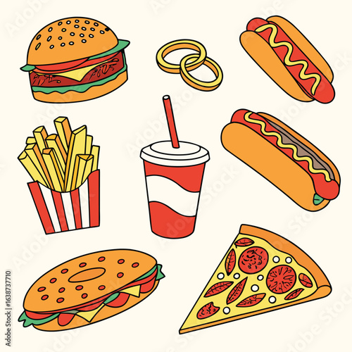Vibrant collection of twenty diverse fast food illustrations featuring popular items like burgers fries and drinks perfect for culinary themes and menu designs