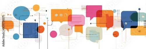 Abstract graphic of interconnected communication bubbles.  Colorful shapes and lines depict a network of conversations or ideas flowing