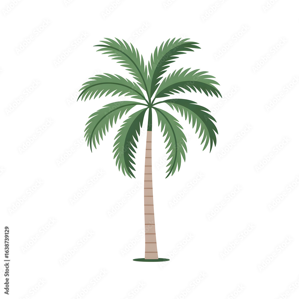 Obraz premium Single stylized palm tree with green leaves and a textured brown trunk on a white background tropical