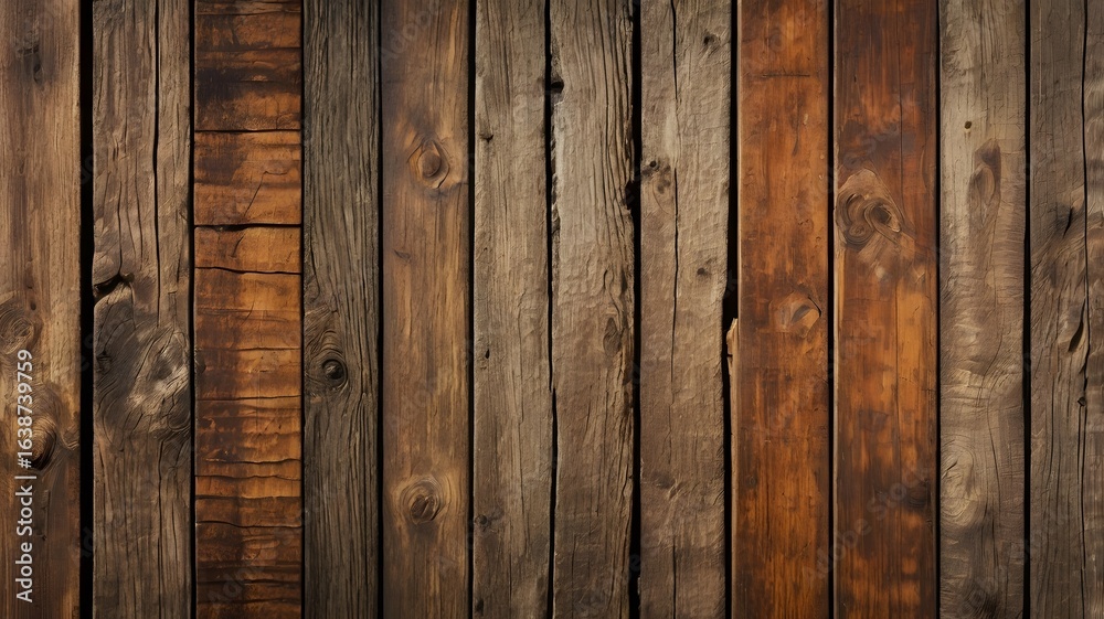 Naklejka premium A textured surface of old brown wooden boards arranged vertically. This rustic wood paneling background showcases the natural grain, knots, and weathered details of the timber planks.