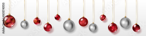 Set of red and silver Christmas ornaments, hanging on golden ribbons, smooth and decorated with intricate patterns of snowflakes. The balls have soft shadows and are set against a white background.