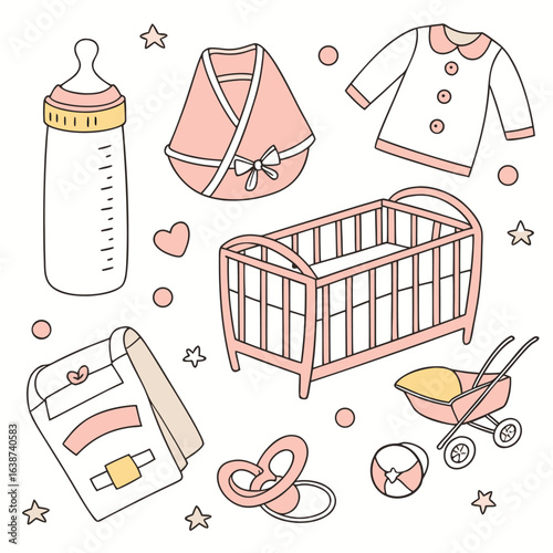 Charming collection of 15 soft pastel baby care product illustrations perfect for nursery decor and children s brands featuring essential items for infants