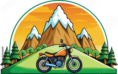 Motorcycle riding through a scenic mountain landscape with trees houses and summer nature in a cartoon vector style