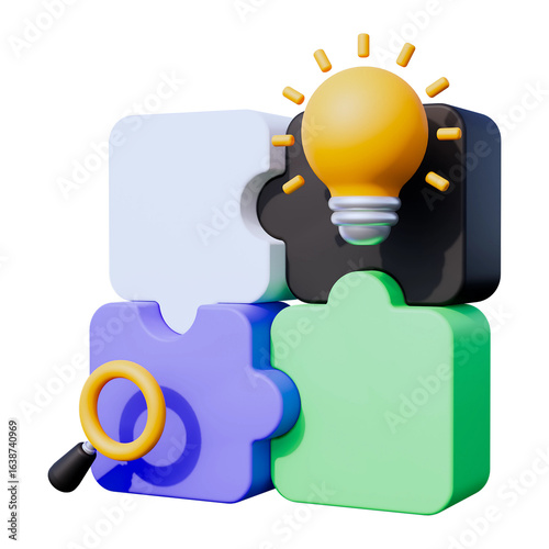 3D Puzzle Pieces with Light Bulb – Business Success, Marketing Ideas, Problem-Solving Icon, Creative Cartoon Design PNG
