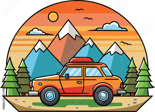 A red retro car driving on a summer road trip through a scenic mountain landscape