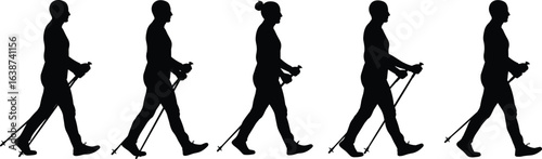 Silhouette sequence of people walking with trekking poles, Nordic walking activity, black vector illustration, healthy outdoor exercise, fitness sports motion design