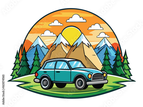 Family camping trip in the mountains with a red car on a summer road surrounded by trees and nature