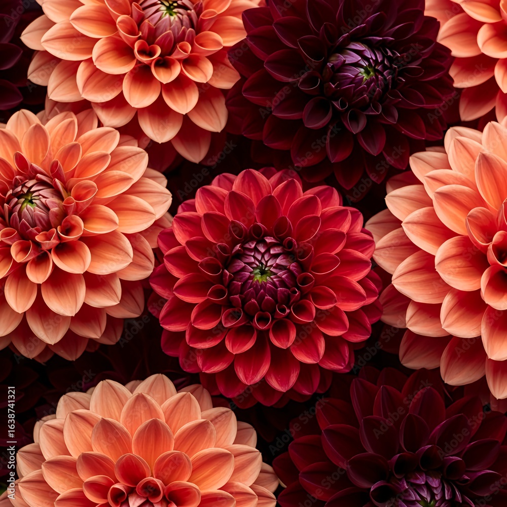 Exquisite Dahlia Blossoms in Vibrant Hues of Coral and Crimson Exquisite Dahlia Blossoms in Vibrant Hues of Coral and Crimson