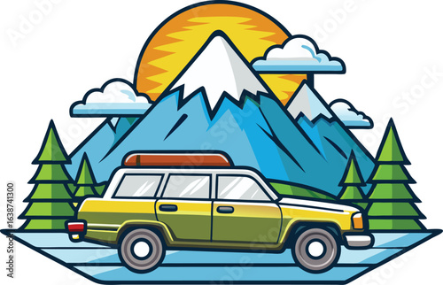 Family camping trip in the mountains with a red car on the road surrounded by trees and sunny summer scenery