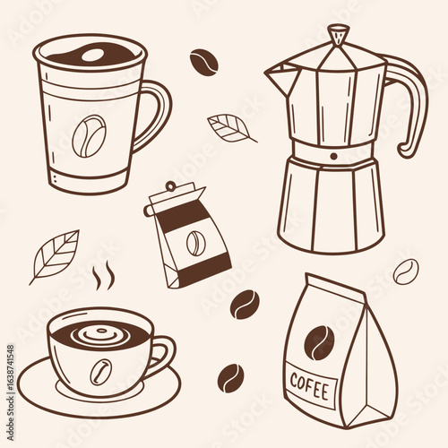 A collection of 16 charming illustrations featuring warm beverages like coffee and tea perfect for cozy themes and cafe branding