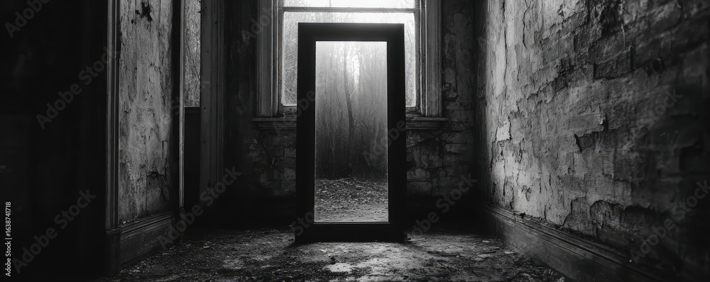 Obraz premium Curse mark near the ghost mirror concept. A haunting black and white mirror reflection in an abandoned room.