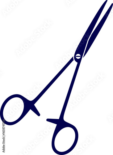 Medical clamp scissors silhouette icon on white background. Surgical instruments. Medical hemostatic clamp scissors. Surgical, medical tools. Medical instruments.