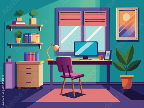 Modern living room interior with window and furniture design featuring desk chair table and bookshelf