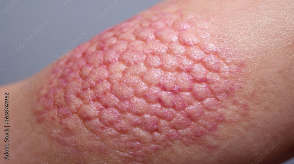 Fototapeta premium Puffy bloating around tissues and look concept. Close-up of skin texture showing bumps and redness.